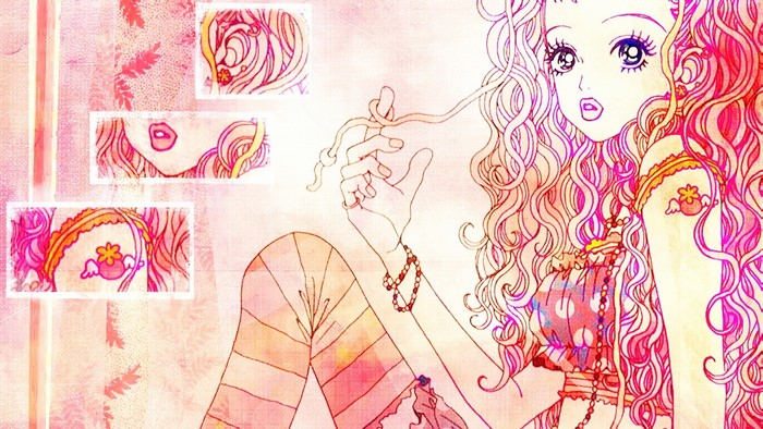 Anime girl with long curly hair and pink background