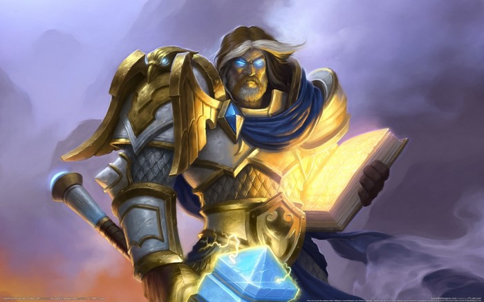 Arthas from Hearthstone holding a glowing book and hammer