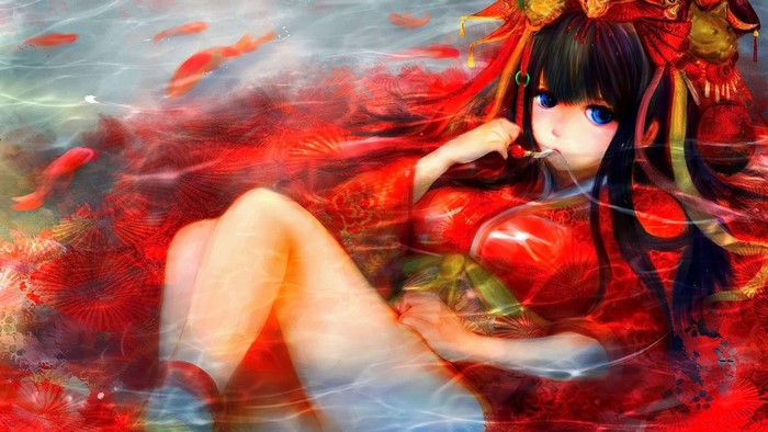 Anime girl in red kimono with goldfish