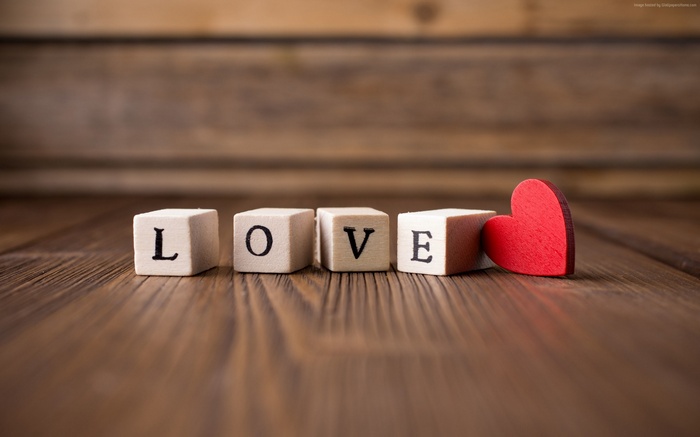 Wooden blocks spelling LOVE with a red heart