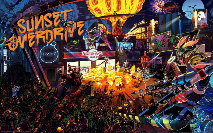 Sunset Overdrive game art with mutants and explosions