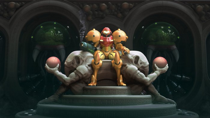 Samus Aran from Metroid sitting on a throne with statues