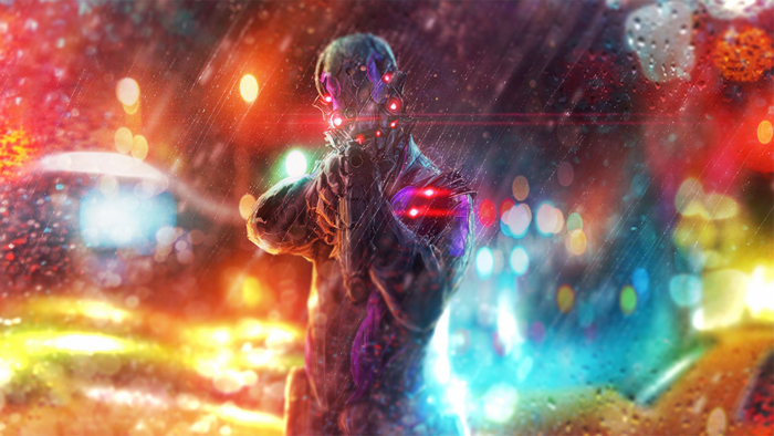 Cyberpunk character with glowing red eyes in the rain