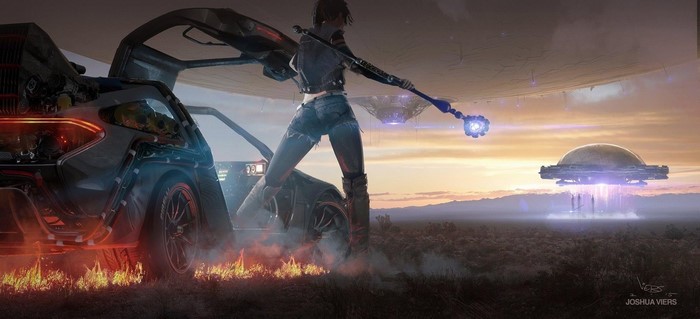 Woman with staff next to DeLorean with UFOs in background