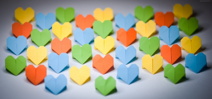 Origami hearts in various colors, 4K