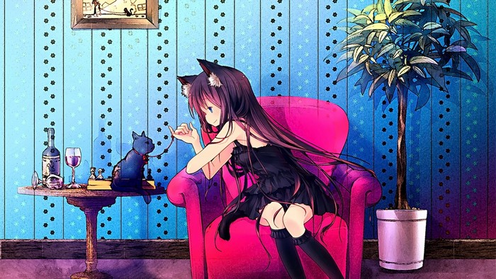 Anime girl with cat ears and black dress with cat
