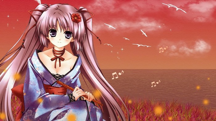 Anime girl in kimono playing flute by the sea