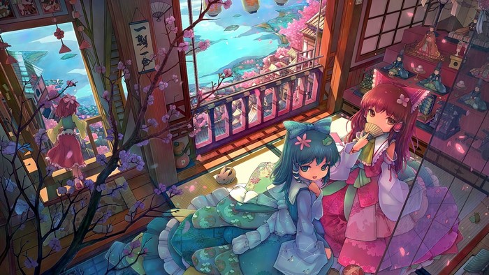 Anime girls in Japanese clothes with cherry blossoms