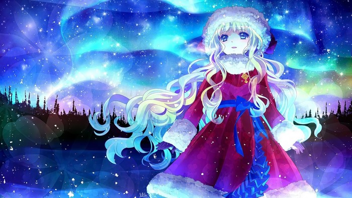 Anime girl in winter outfit under aurora borealis