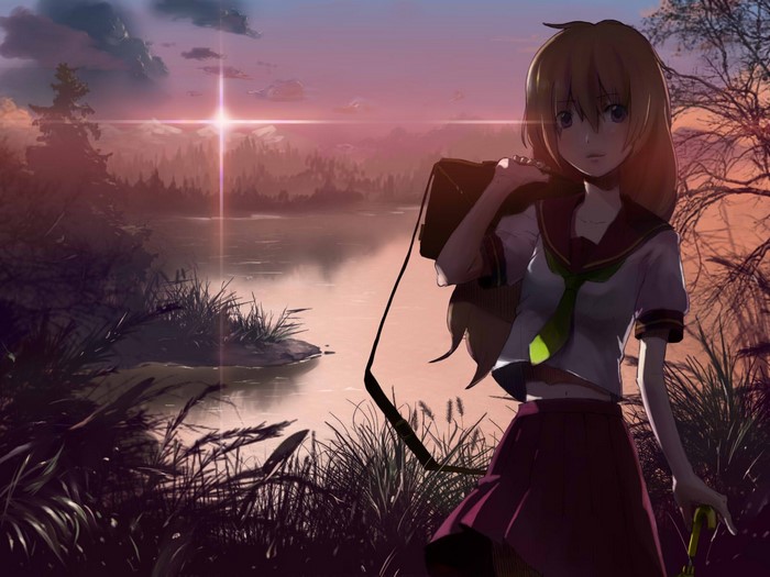 Anime girl with a bag by a lake at sunset