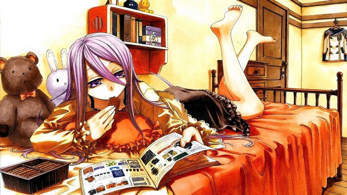 Anime girl with purple hair eating chocolate in bed