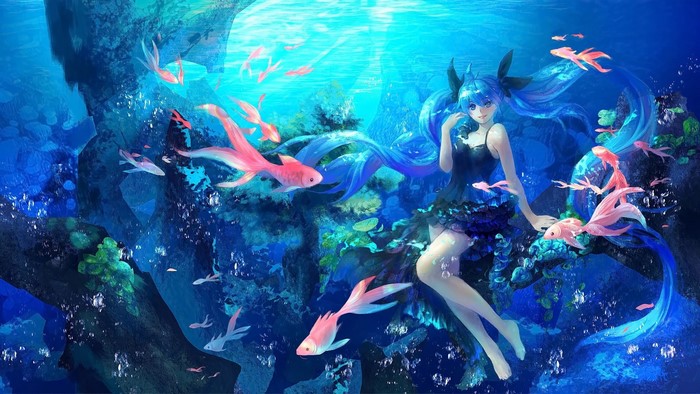 Anime girl with blue hair underwater with fish