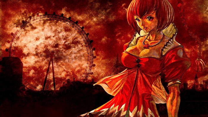 Anime girl in red dress with London Eye in background