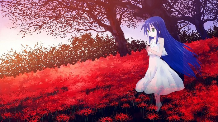 Anime girl with long blue hair in a white dress in a field of red flowers