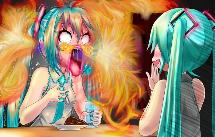 Hatsune Miku characters eating and breathing fire