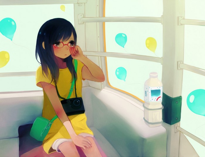 Anime girl with glasses on a bus with balloons