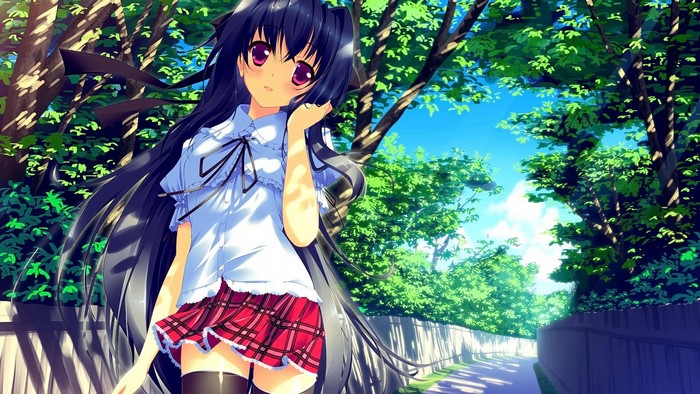 Anime girl with long black hair and purple eyes in a school uniform