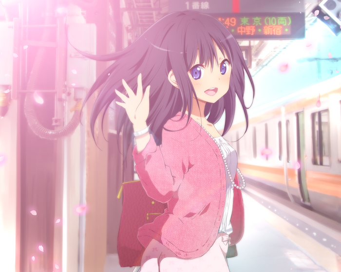 Anime girl with dark hair at a train station