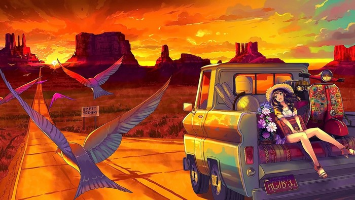 Anime girl on truck with scooter and birds at sunset