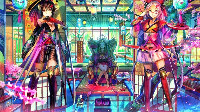 Anime girls in kimonos with swords and bow