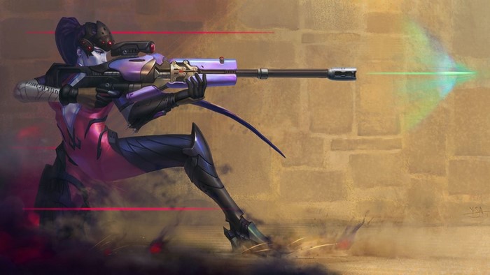 Widowmaker from Overwatch firing a sniper rifle