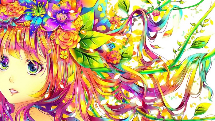 Anime girl with colorful flowers and long hair
