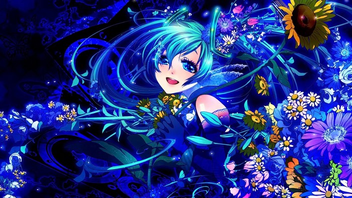 Anime girl with blue hair and flowers