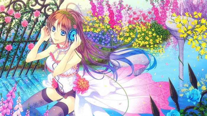 Anime girl with headphones in a flower garden