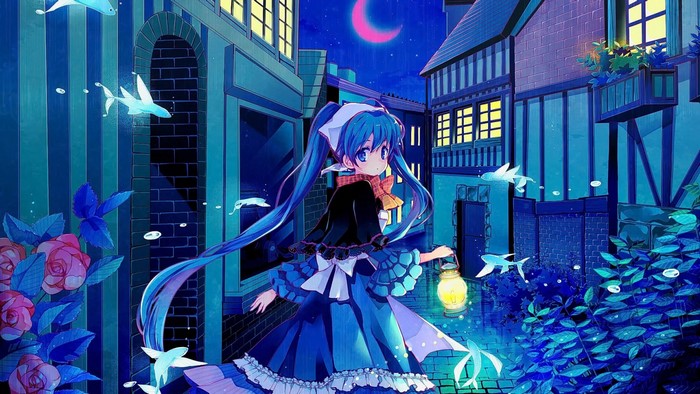 Anime girl with blue hair and lantern in a town
