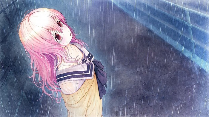 Anime girl with pink hair in the rain