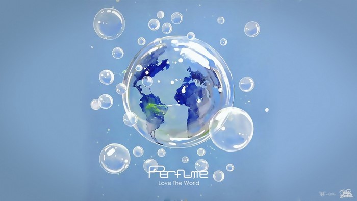 Perfume Love The World illustration with Earth and bubbles