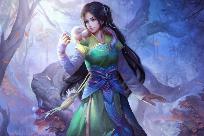 Fantasy art of a woman with a ferret in a forest