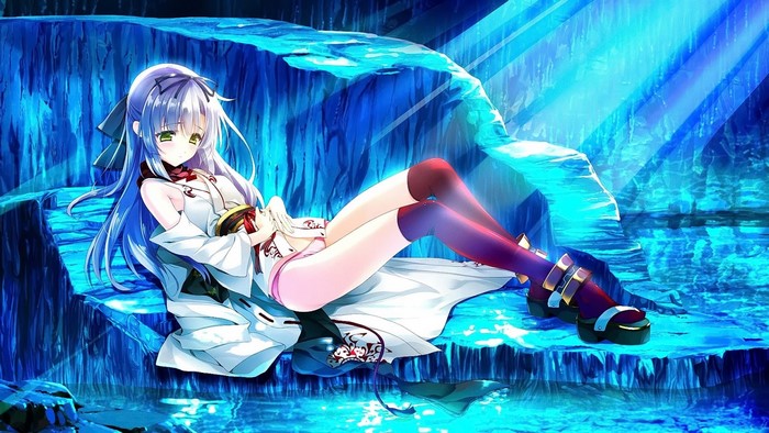Anime girl with blue hair lying down