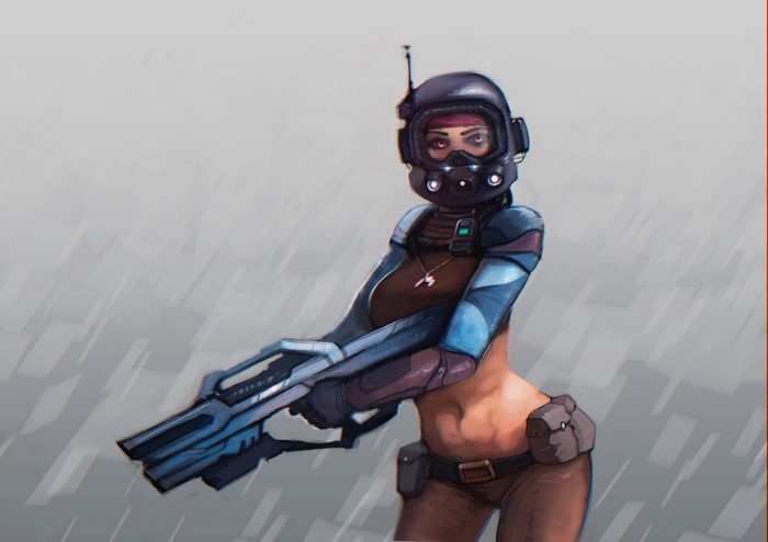 Anime woman in futuristic armor holding a weapon