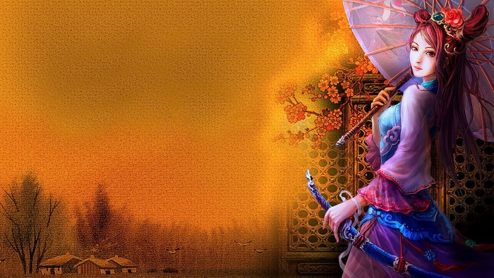 Anime girl with umbrella and swords