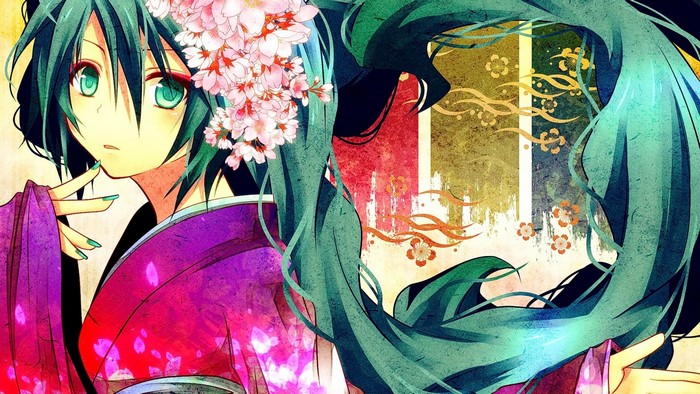 Anime girl with blue hair and kimono with cherry blossoms