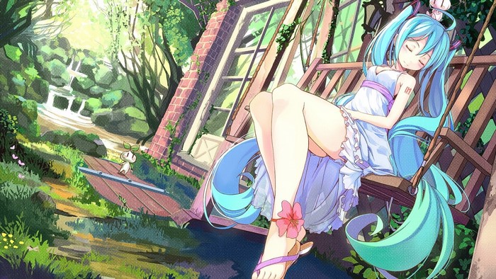 Hatsune Miku sleeping on a swing in a forest