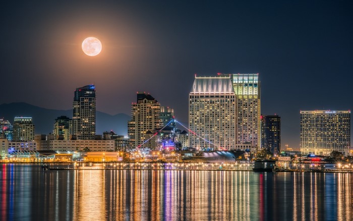 San Diego Skyline with Full Moon and USS Midway