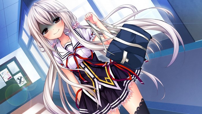 Anime girl with long white hair in school uniform holding a bag