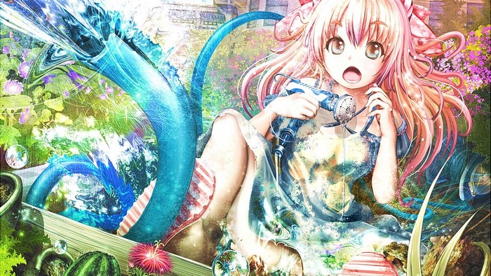 Anime girl with pink hair holding a fishing rod