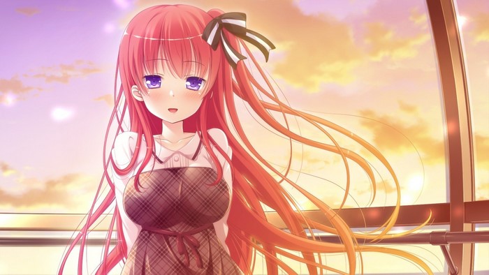Anime girl with red hair and purple eyes