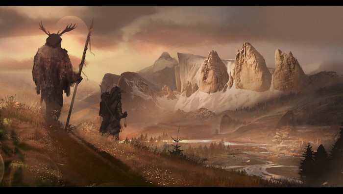 Two figures in a mountainous landscape at sunset