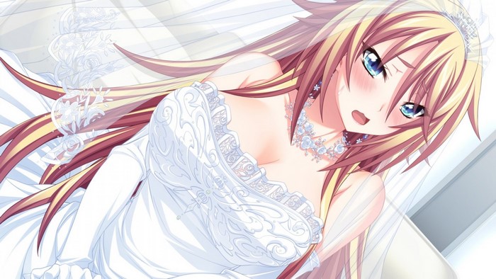 Anime girl in wedding dress with blonde hair and blue eyes