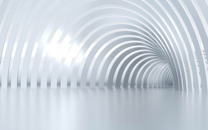Abstract white tunnel with curved lines and reflective floor