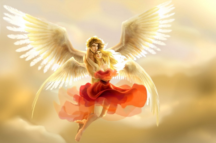 Angel embracing a woman in red dress