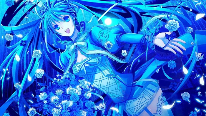 Hatsune Miku in a blue dress with flowers