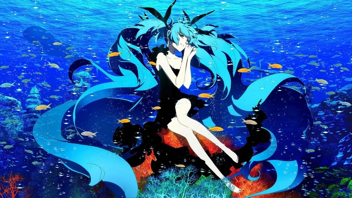 Hatsune Miku underwater surrounded by fish
