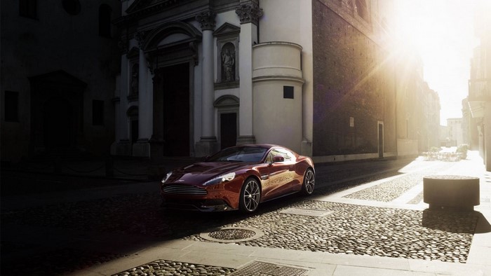 Aston Martin Vanquish on a cobblestone street