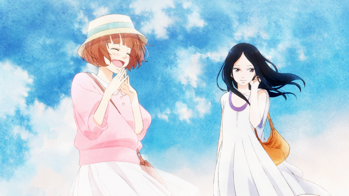 Two girls from Ao Haru Ride against a watercolor sky