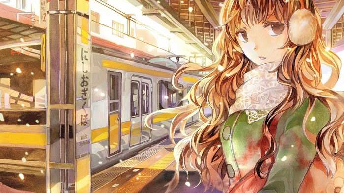 Anime girl with long hair at a train station